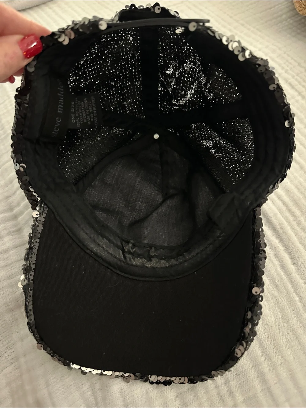 Steve Madden Double Take Matte Black Gray Reverse Sequin Baseball Hat Cap